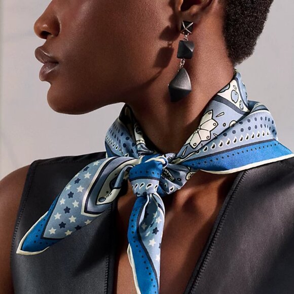 Hermes Bleu Jean, Marine, & Blanc Le Rodeo Des Fruits Silk Bandana 55 - Picture 1 of 10